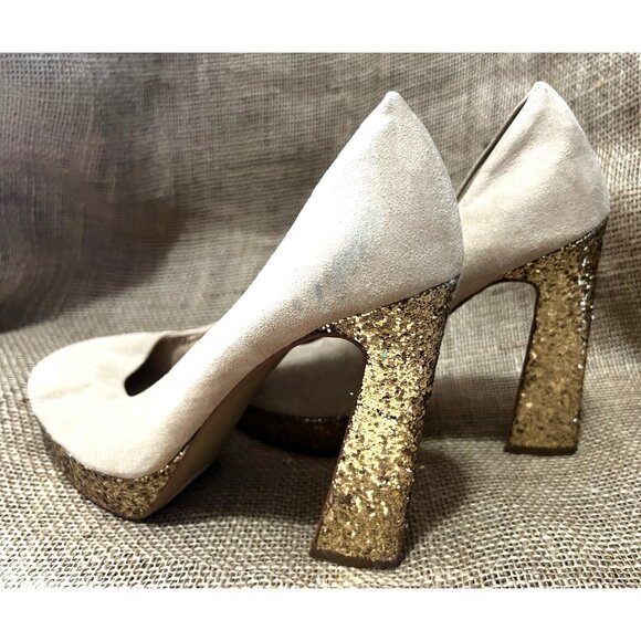 Beige Suede Platform Heels With Gold Glitter Block Heel & Sole Womens Size 6 Sty - Picture 8 of 9